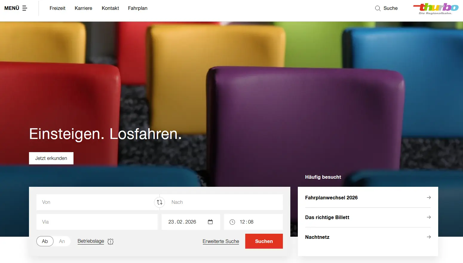 Einstiegsseite der Website der Regionalbahn Thurbo